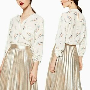 Zara Humming bird print mock neck button down white long sleeve blouse shirt XL